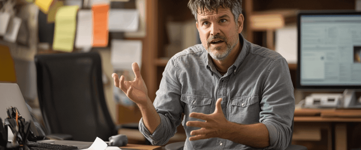 En man i ett kontor diskuterar engagerat, omgiven av datorutrustning och post-it-lappar. Perfekt bild för att illustrera en arbetsmiljö och engagerad kommunikation. Midcent - Samhälle.