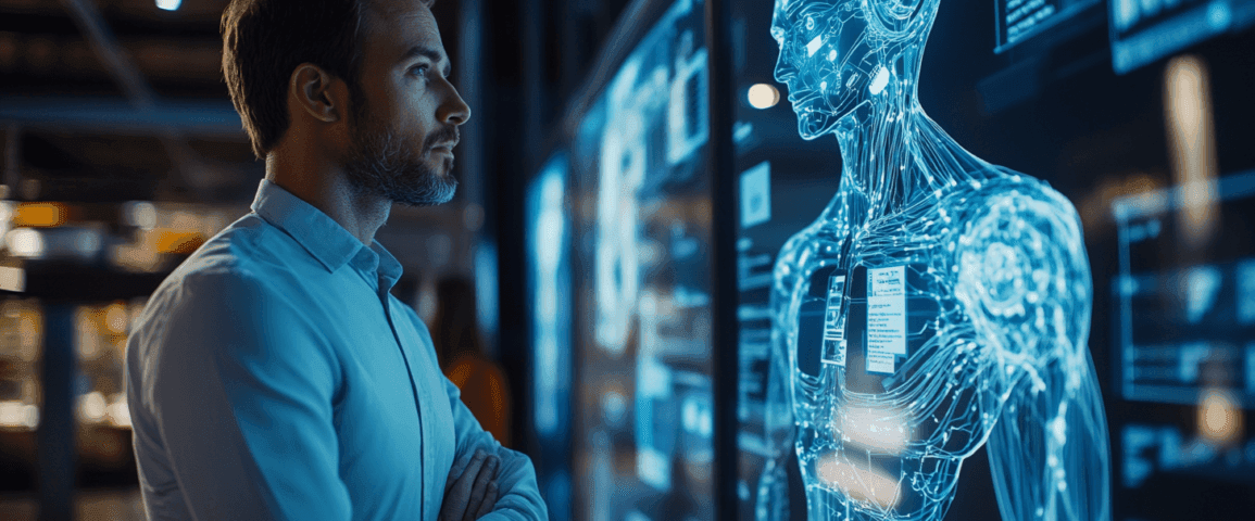 Midcent: En man studerar ett högteknologiskt, digitalt mänskligt hologram i en futuristisk miljö, vilket symboliserar framtidens teknik och artificiell intelligens. Perfekt för att illustrera innovation och avancerad forskning inom teknologi. Kategori: Teknik.