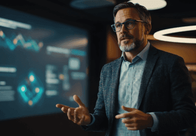 I bilden ser vi en professionell talare som håller en affärspresentation med digitala grafer i fokus. Hans engagerande leverans och moderna stil understryker en teknologisk miljö. Midcent: Teknik.