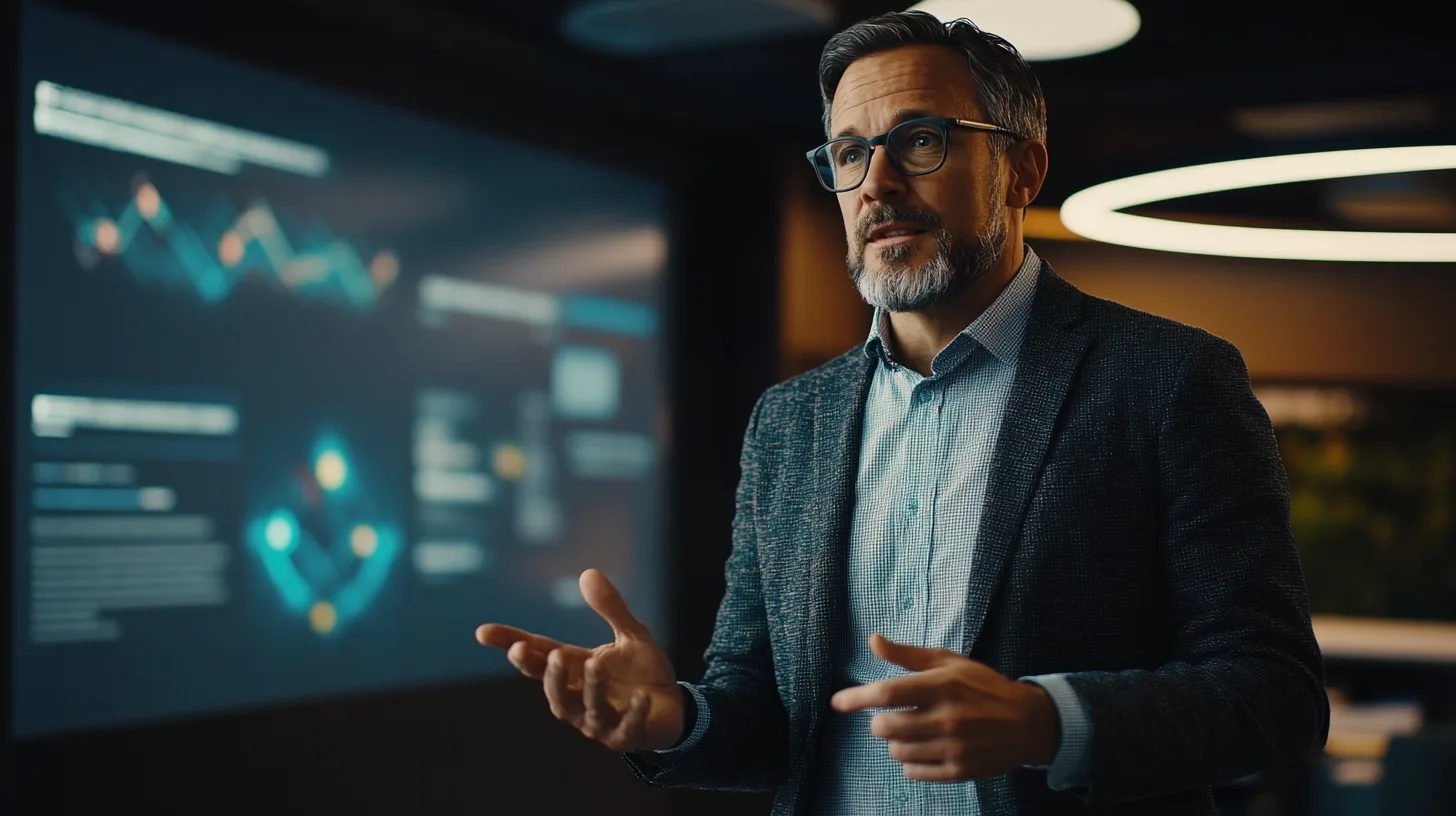 I bilden ser vi en professionell talare som håller en affärspresentation med digitala grafer i fokus. Hans engagerande leverans och moderna stil understryker en teknologisk miljö. Midcent: Teknik.