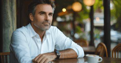 Midcent - Man i avslappnad miljö, klädd i vit skjorta, sitter vid ett kafébord med en kaffekopp. Ljusa bakgrundsdetaljer skapar en varm atmosfär. Perfekt för att fånga moderna livsstilstrender. Kategori: Underhållning.