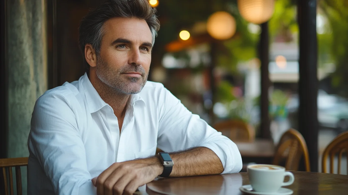 Midcent - Man i avslappnad miljö, klädd i vit skjorta, sitter vid ett kafébord med en kaffekopp. Ljusa bakgrundsdetaljer skapar en varm atmosfär. Perfekt för att fånga moderna livsstilstrender. Kategori: Underhållning.