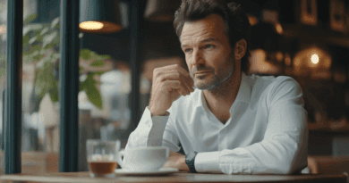 En man i vitt sitter tankfullt vid ett kafébord med en kopp kaffe. Solsken strömmar in genom fönstret och skapar en lugn atmosfär. Midcent Ekonomi.