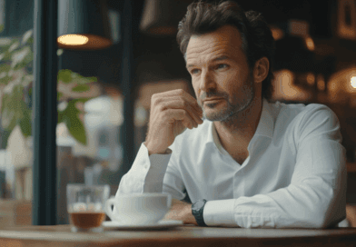 En man i vitt sitter tankfullt vid ett kafébord med en kopp kaffe. Solsken strömmar in genom fönstret och skapar en lugn atmosfär. Midcent Ekonomi.