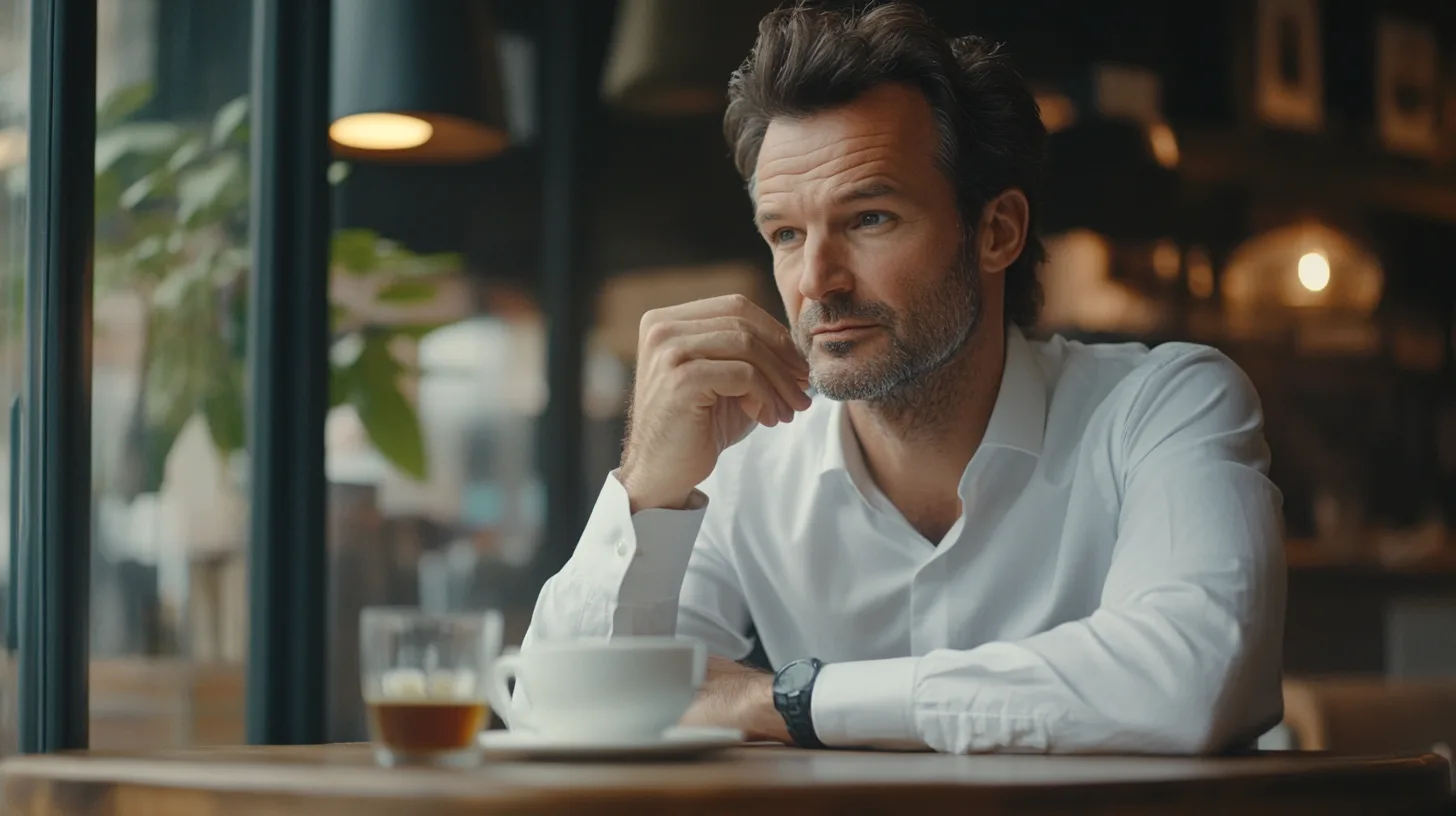 En man i vitt sitter tankfullt vid ett kafébord med en kopp kaffe. Solsken strömmar in genom fönstret och skapar en lugn atmosfär. Midcent Ekonomi.