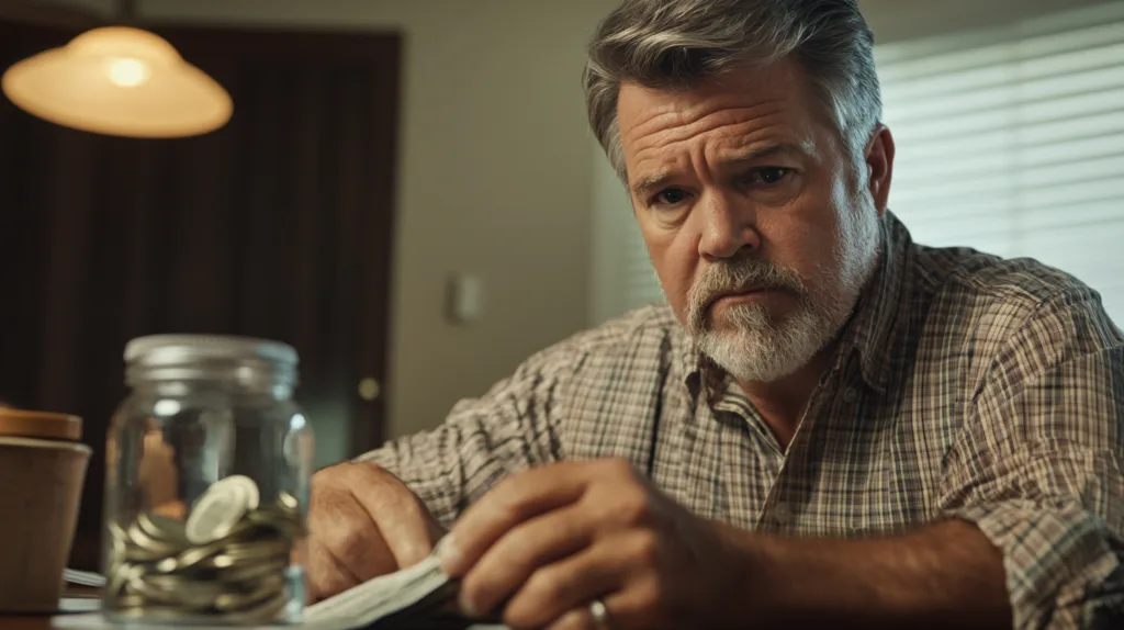 Midcent: En man ser bekymrad ut medan han räknar pengar från en burk med mynt. Perfekt för ekonomiartiklar som fokuserar på sparande och personlig ekonomi. Känslan av osäkerhet speglas i mannen och den dämpade belysningen. Kategori: Ekonomi.