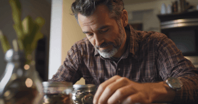 En man organiserar mynt i glasburkar vid ett bord, vilket antyder fokus på hushållsbudget och sparande. Hans koncentration speglar ekonomisk planering och noggrannhet. Bilden utstrålar trygghet och kontroll över ekonomin. Midcent Ekonomi.