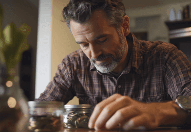 En man organiserar mynt i glasburkar vid ett bord, vilket antyder fokus på hushållsbudget och sparande. Hans koncentration speglar ekonomisk planering och noggrannhet. Bilden utstrålar trygghet och kontroll över ekonomin. Midcent Ekonomi.