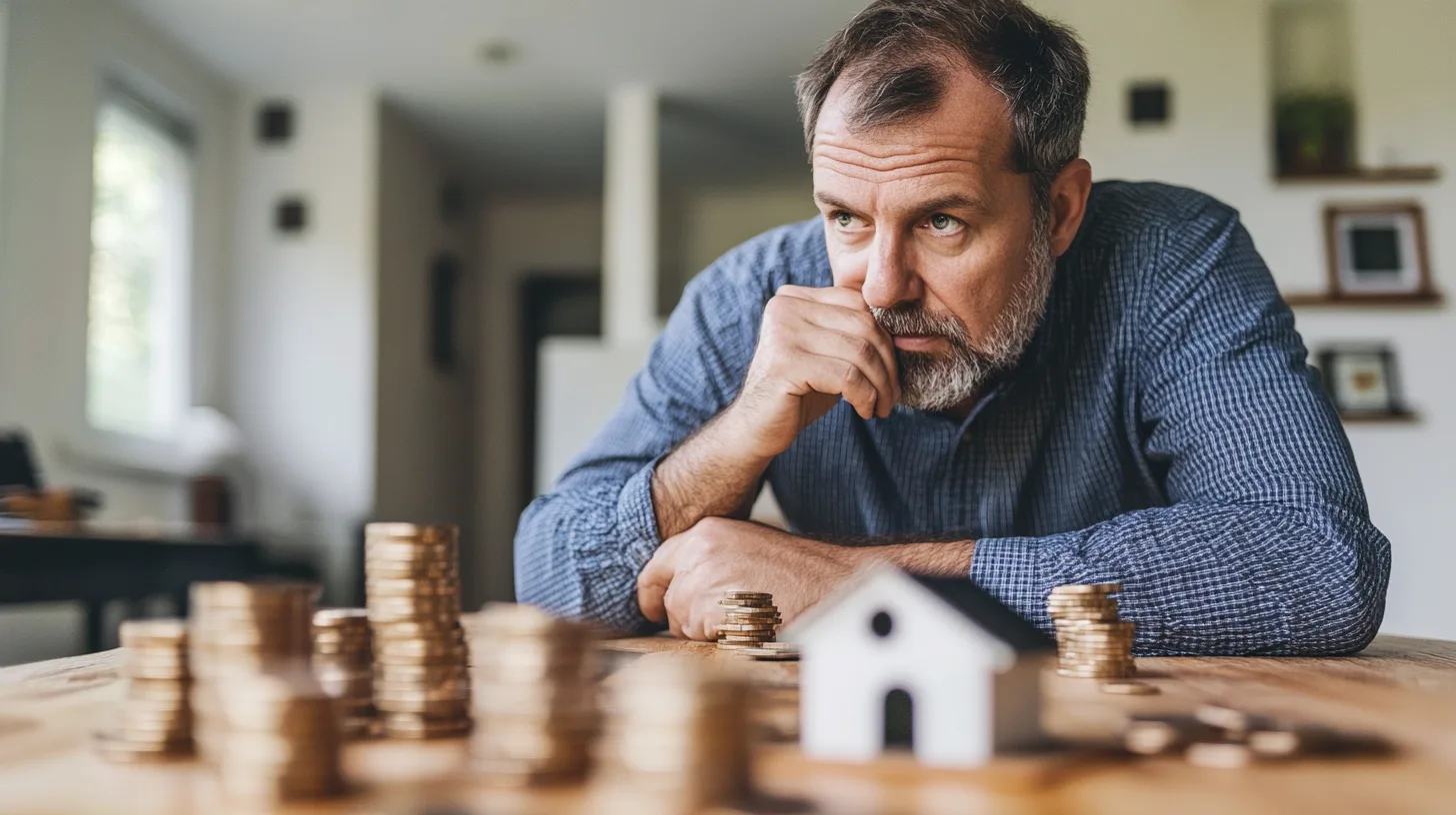 Midcent Ekonomi: En man funderar över pengar och investeringar vid ett bord. Husmodell och myntstaplar symboliserar ekonomisk planering och fastighetsmarknaden. Djupt tänkande uttrycker finansiell strategi och beslut.