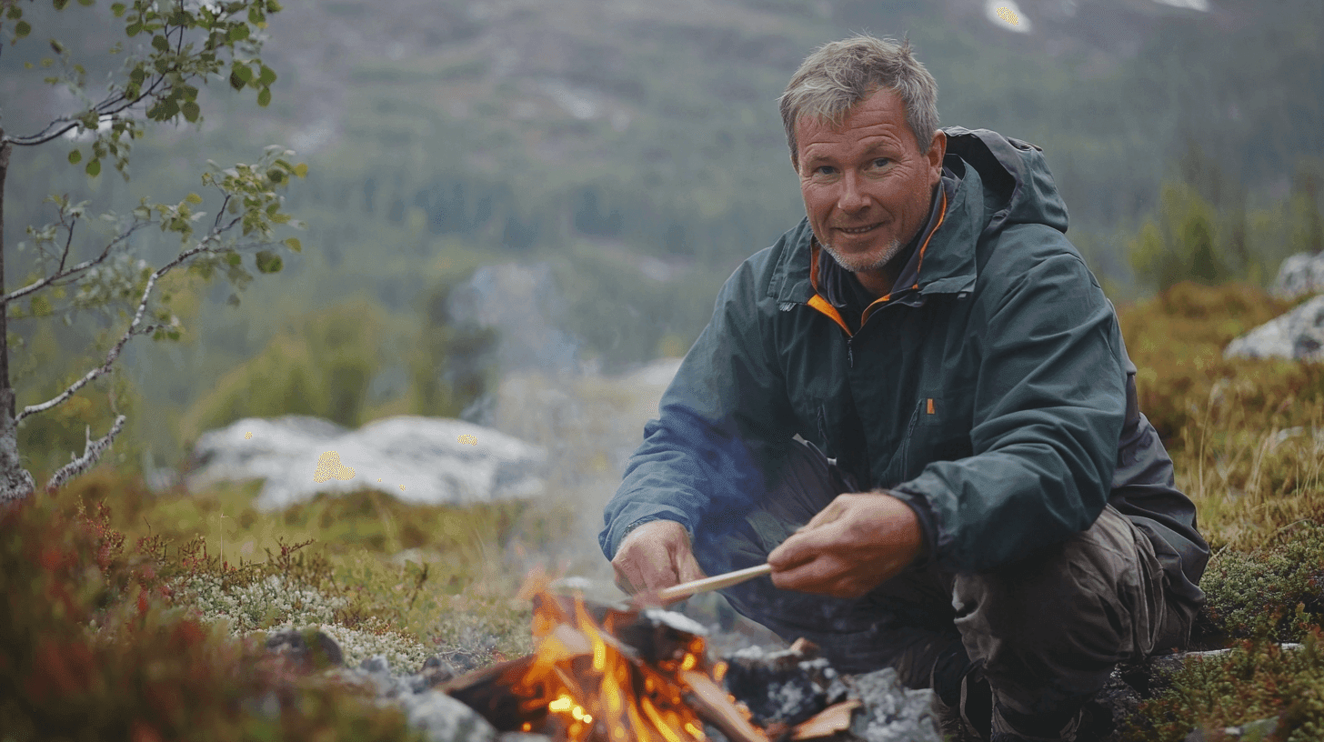 Midcent: En person i vildmarken vid en lägereld, omgiven av grön natur. Upplev friluftslivets essens och äventyr i denna inspirerande scen. Perfekt för den som söker äventyr och lugn i naturen. Kategori: Resa.