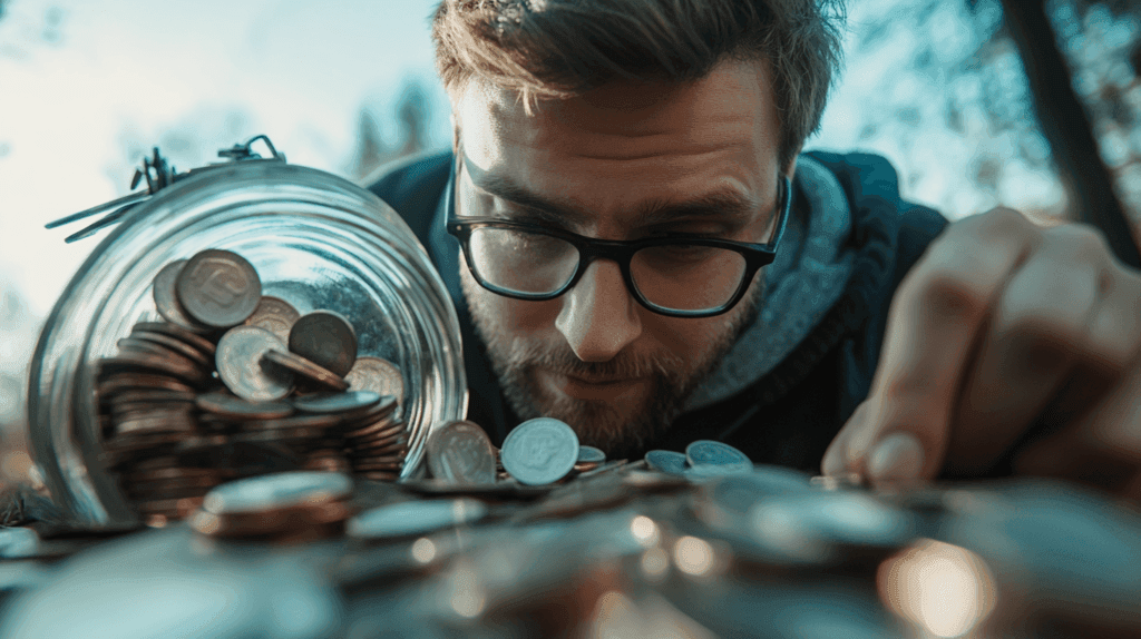 Midcent Ekonomi: Bild av en man som noggrant granskar mynt som ligger utspridda från en glasburk, vilket illustrerar kryptovaluta, budgetering och finansiell analys. Kategorin är Ekonomi.