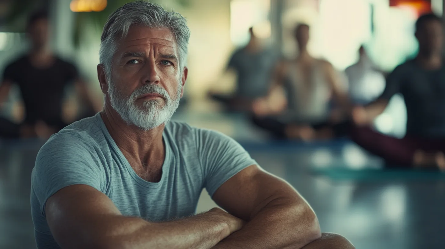 Midcent: En äldre man med grått hår deltar i en grupp yogaövning, vilket ger en känsla av lugn och fokus. Harmonisk atmosfär under ett träningspass för fysisk och mental balans. Kategori: Hälsa.
