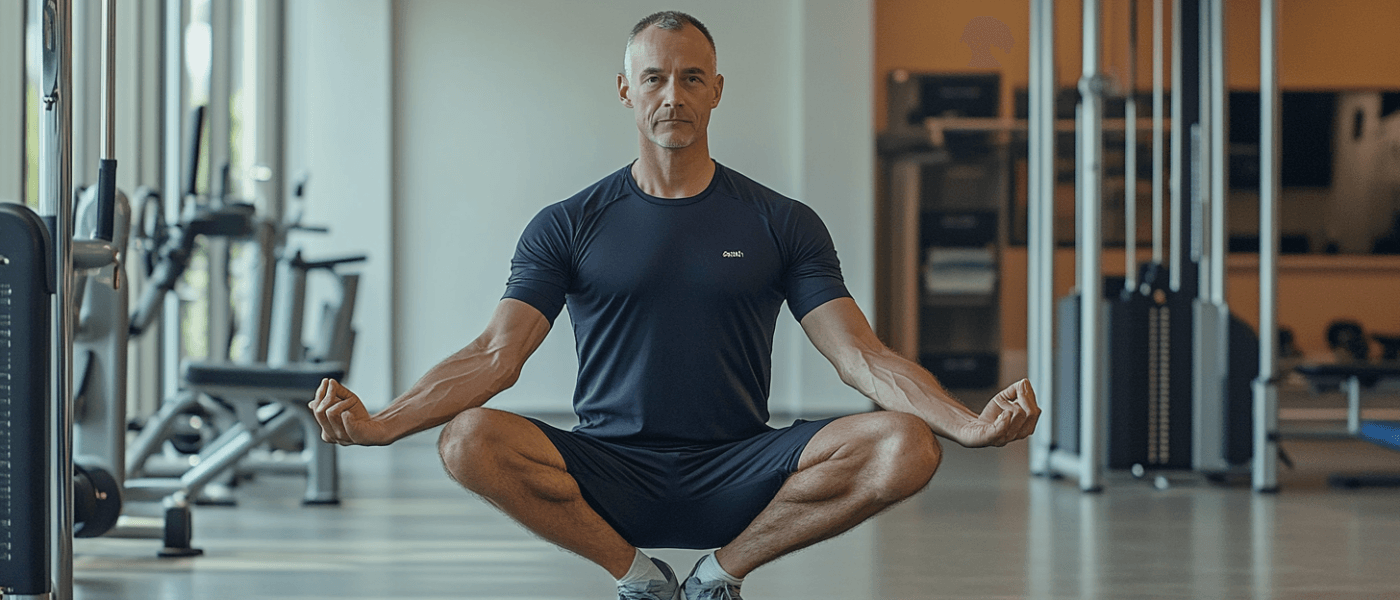 Midcent: Bilden visar en man i träningskläder som mediterar på en yogamatta i ett gym, omgiven av träningsutrustning. Avslappnat fokus och meditativ hållning skapar en känsla av mindfulness och balans. Kategori: Hälsa.