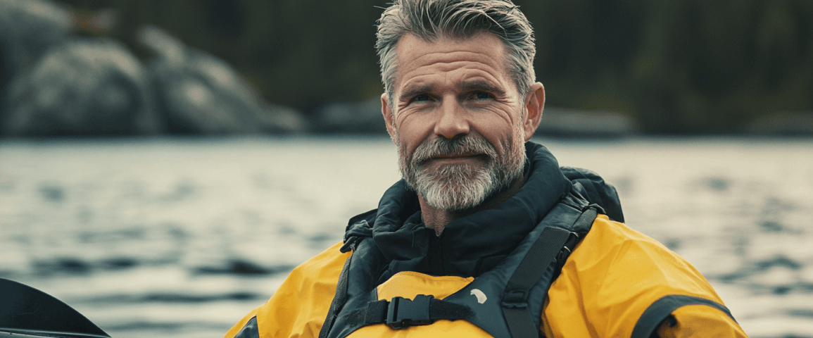 Midcent presenterar en inspirerande bild av en man i gul skyddsutrustning som paddlar på en sjö, omgiven av natursköna vyer. Perfekt för friluftsälskare och äventyrsresor. Kategori: Resa.