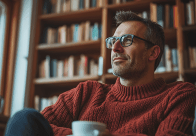 Midcent: En man i en lugn miljö, sittandes med en kopp kaffe i handen framför en bokhylla. Den mysiga stämningen och höstvinden utanför bidrar till en avkopplande atmosfär. Kategori: Underhållning.