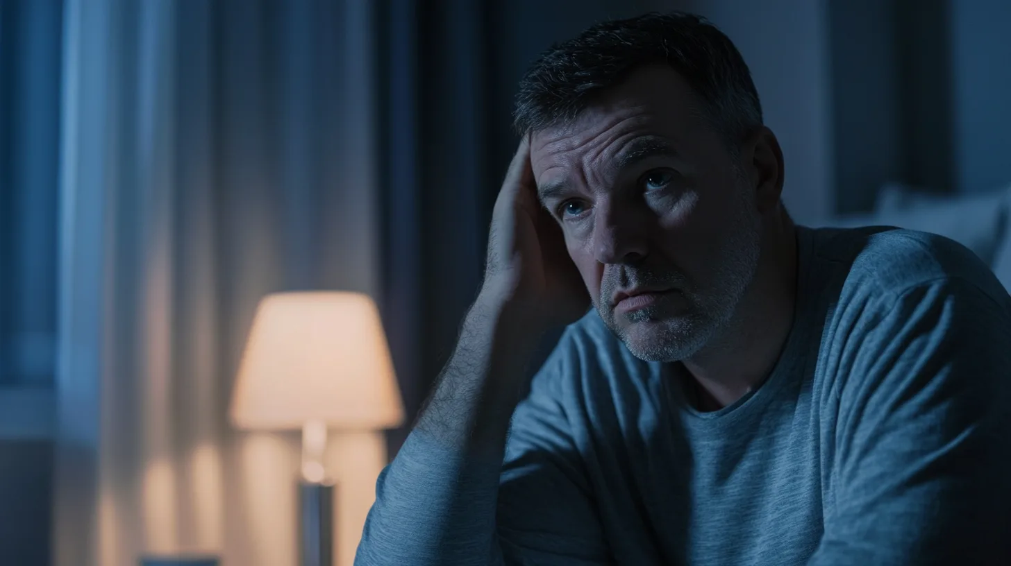 Midcent presenterar en eftertänksam man i ett mörkt rum, med en lampa som lyser upp hans ansikte, vilket framhäver känslan av sömnlöshet och reflektion. Perfekt för teman kring stress och mental hälsa. Kategori: Hälsa.