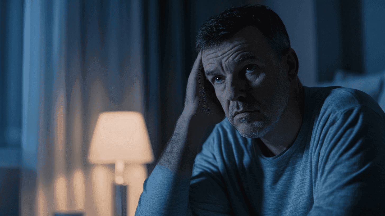 Midcent presenterar en eftertänksam man i ett mörkt rum, med en lampa som lyser upp hans ansikte, vilket framhäver känslan av sömnlöshet och reflektion. Perfekt för teman kring stress och mental hälsa. Kategori: Hälsa.