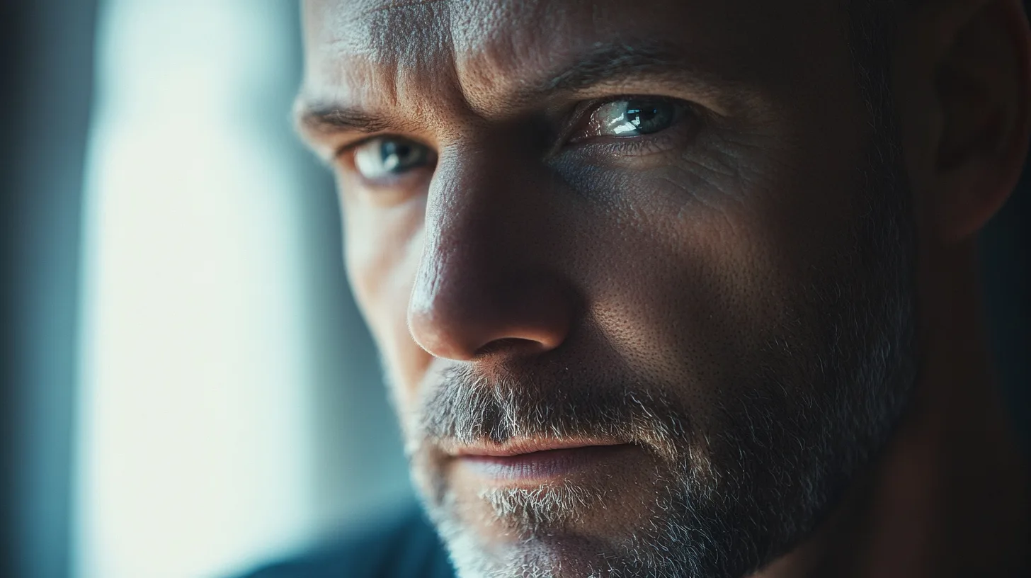 Midcent: Närbild av en man med skäggstubb, fokuserad blick och distinkt ansiktsstruktur. Bilden fångar intensitet och emotion, och framhäver detaljer i huden. Perfekt för att illustrera ämnen inom personlig uttryck och djup. Kategori: Samhälle.