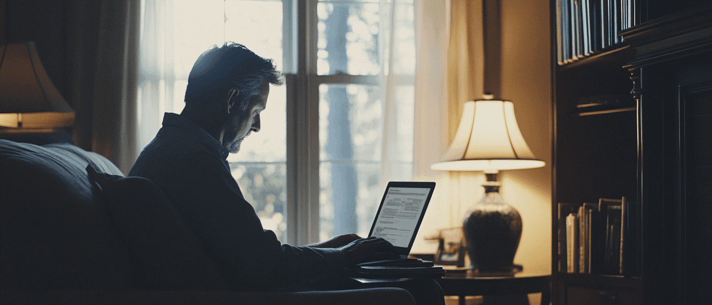 Midcent: En man arbetar koncentrerat på en laptop i ett mysigt rum med böcker och mjuk belysning, vilket framhäver en atmosfär av fokus och produktivitet. Perfekt för hemmakontorsinspiration. Kategori: Samhälle.