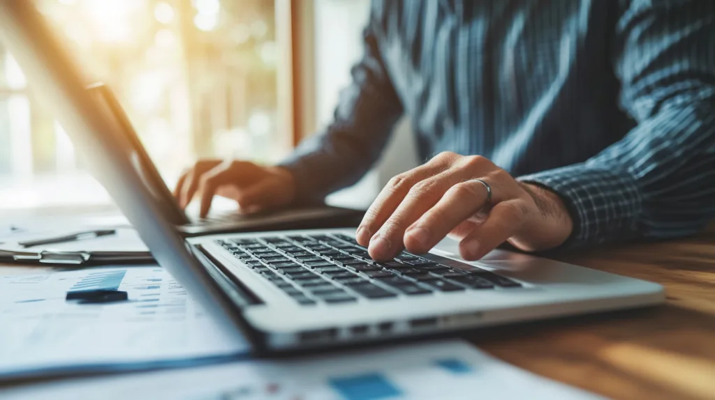 Midcent presenterar en bild av en person som arbetar på en bärbar dator vid ett träbord, omgiven av diagram och papper. Perfekt för att illustrera produktivitet och analys i arbetsmiljöer. Kategori: Ekonomi.