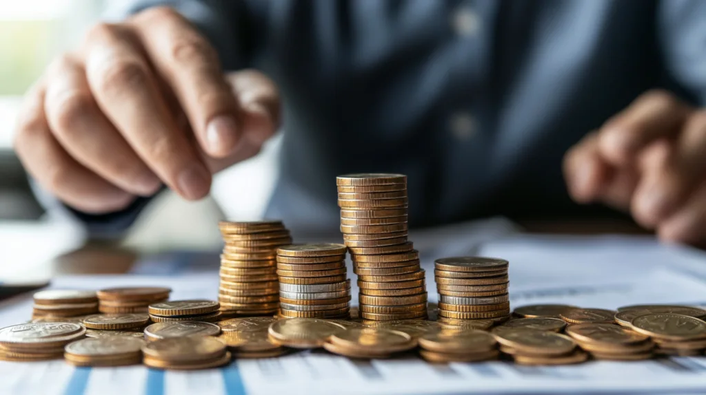 Bild av myntstaplar som symboliserar ekonomisk tillväxt och sparande. En person räknar noggrant pengarna, vilket understryker vikten av finansiell planering och investeringar. Perfekt för SEO inom finanssektorn. Midcent – Ekonomi.