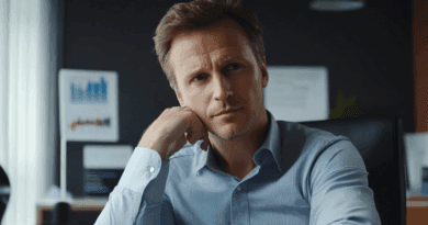 Midcent: Bilden visar en eftertänksam man på ett kontor, omgiven av diagram och statistik. Perfekt för artiklar om affärsstrategi och analytisk tänkande. Kategori: Ekonomi.