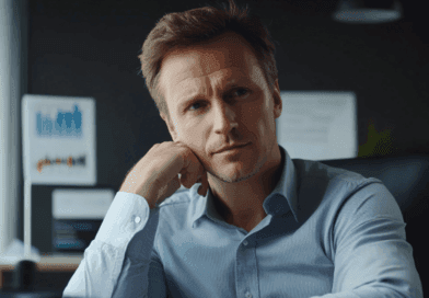 Midcent: Bilden visar en eftertänksam man på ett kontor, omgiven av diagram och statistik. Perfekt för artiklar om affärsstrategi och analytisk tänkande. Kategori: Ekonomi.