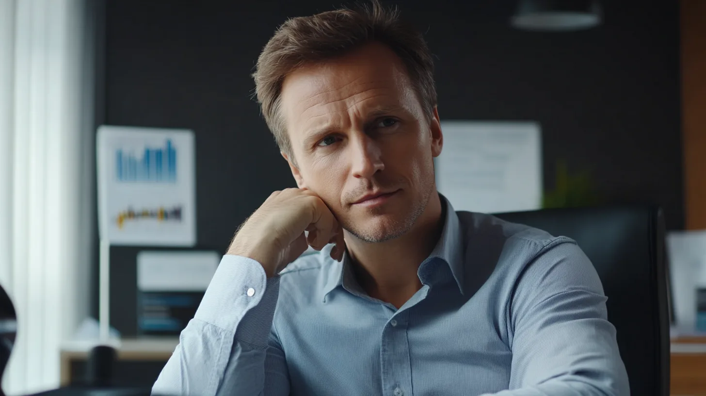 Midcent: Bilden visar en eftertänksam man på ett kontor, omgiven av diagram och statistik. Perfekt för artiklar om affärsstrategi och analytisk tänkande. Kategori: Ekonomi.