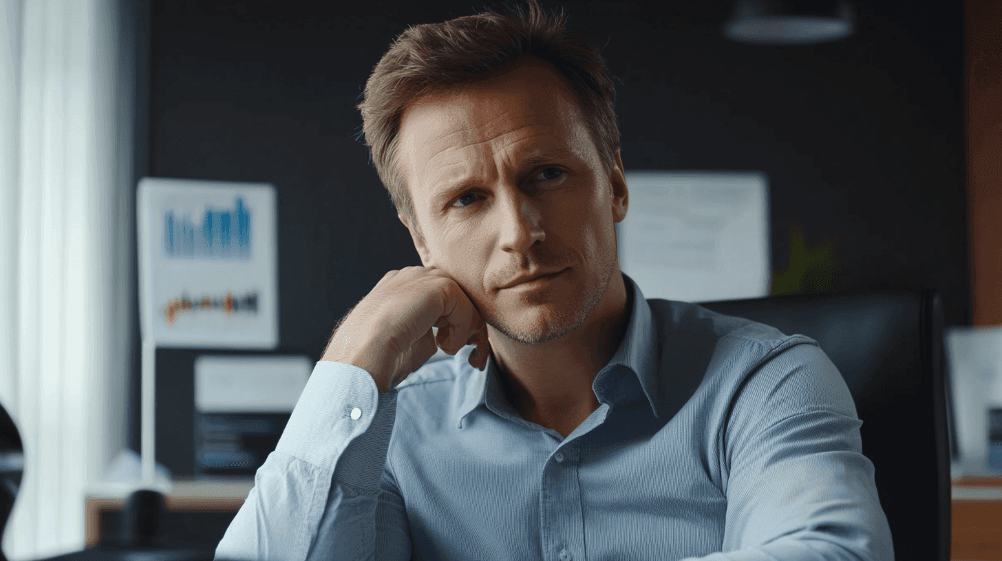 Midcent: Bilden visar en eftertänksam man på ett kontor, omgiven av diagram och statistik. Perfekt för artiklar om affärsstrategi och analytisk tänkande. Kategori: Ekonomi.