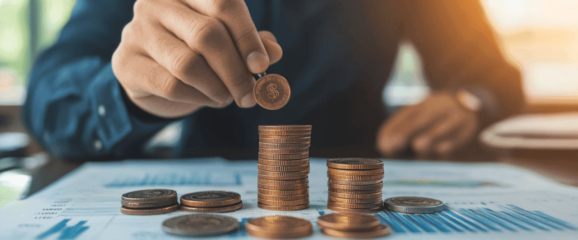 På bilden syns en hand som staplar mynt på ekonomiska dokument, vilket symboliserar finansiell tillväxt och investering. Midcent, Ekonomi.