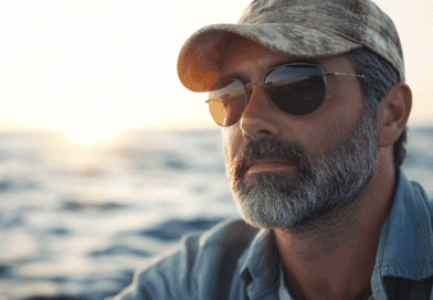 Midcent: En man med skägg, solglasögon och keps blickar ut över ett lugnt hav i solnedgången. Scenen utstrålar lugn och frihet, idealisk för avkoppling och eftertanke. Resa.