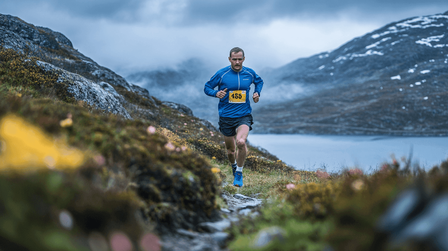 En man springer i en bergig terräng med dimmiga fjäll och sjö i bakgrunden. Han bär en blå tröja och har startnummer på bröstet. Energi och uthållighet i naturen. Midcent: Sport.