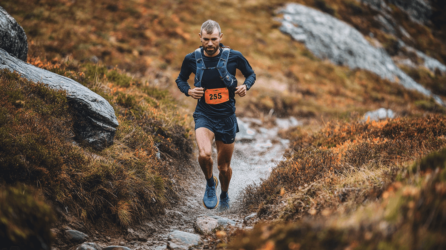 Midcent - Sport. En man deltar i ett terränglopp, klädd i löparutrustning och anmälningsnummer. Bilden visar en ansträngande löpning genom en naturskön miljö med höstliga färger, vilket fångar styrka och uthållighet i t