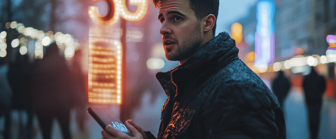 I bilden syns en man med mobiltelefon framför en lysande 5G-skylt, vilket symboliserar framtidens trådlösa kommunikation. Miljön är urban och modern, vilket betonar teknologins framsteg. Midcent. Kategori: Teknik.