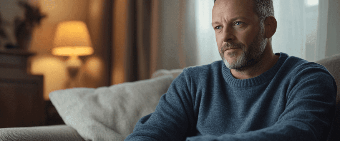 Midcent porträtterar en man i avslappnad hemmamiljö, sittande på en soffa klädd i en blå tröja. En varm lampa lyser upp rummet, skapar en trivsam atmosfär. Kategori: Samhälle.