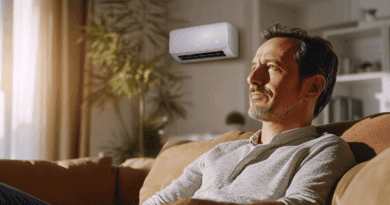 Man sitter i ett bekvämt vardagsrum, njuter av svalkan från en modern luftkonditionering. Grönska utanför fönstret ger en avslappnad atmosfär. Perfekt kombination av teknik och komfort för ett behagligt hemklimat. Midcent. Teknik.