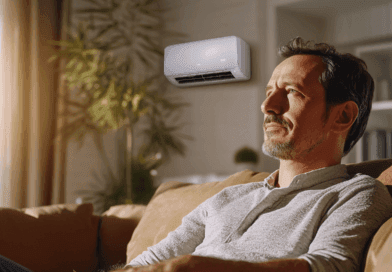 Man sitter i ett bekvämt vardagsrum, njuter av svalkan från en modern luftkonditionering. Grönska utanför fönstret ger en avslappnad atmosfär. Perfekt kombination av teknik och komfort för ett behagligt hemklimat. Midcent. Teknik.