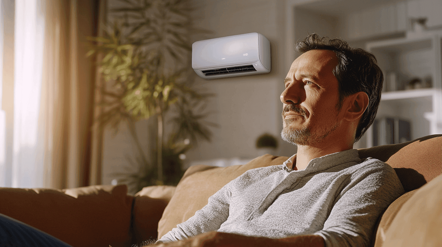 Man sitter i ett bekvämt vardagsrum, njuter av svalkan från en modern luftkonditionering. Grönska utanför fönstret ger en avslappnad atmosfär. Perfekt kombination av teknik och komfort för ett behagligt hemklimat. Midcent. Teknik.