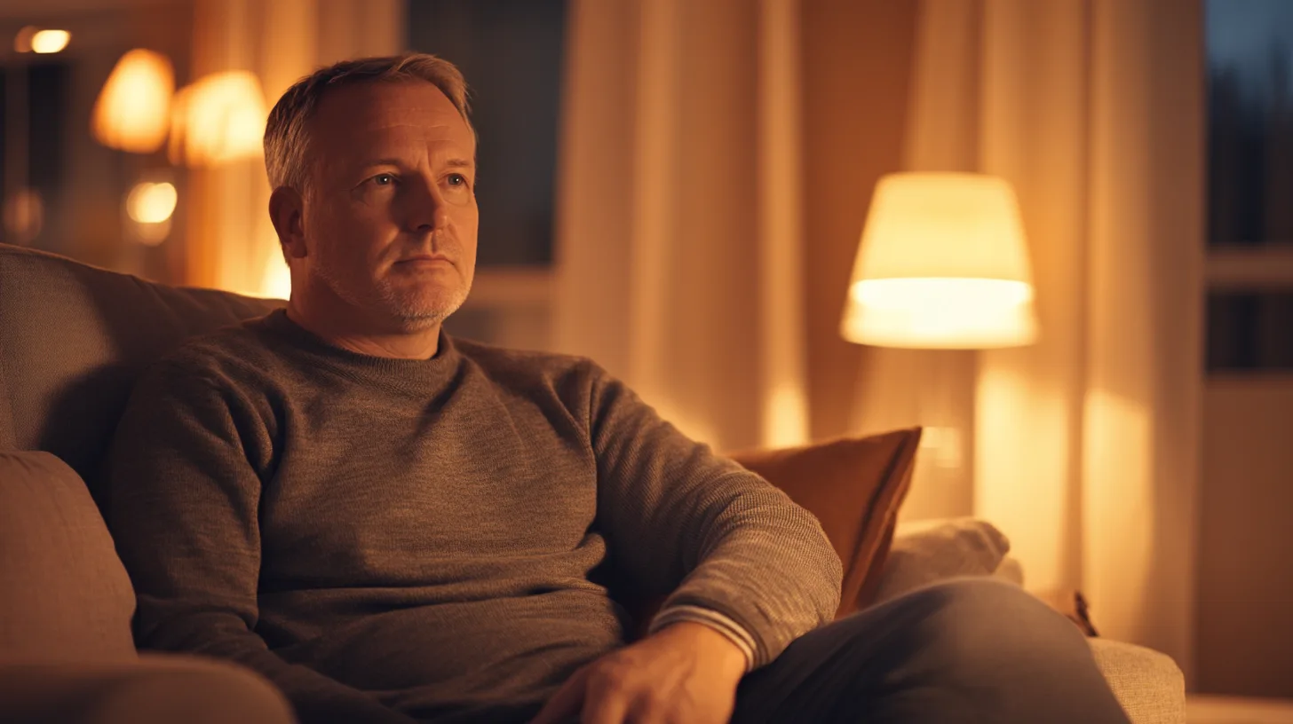 Midcent: En man sitter i ett varmt upplyst vardagsrum, vilar och reflekterar. Bilden utstrålar lugn och eftertänksamhet, perfekt för att illustrera hemmets betydelse för personlig avkoppling. Kategori: Samhälle.