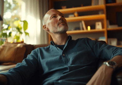 En man sitter avslappnat i en stilfullt inredd vardagsrumsmiljö, med moderna hyllor och grönska omkring sig, vilket skapar en harmonisk atmosfär. Midcent - Samhälle.