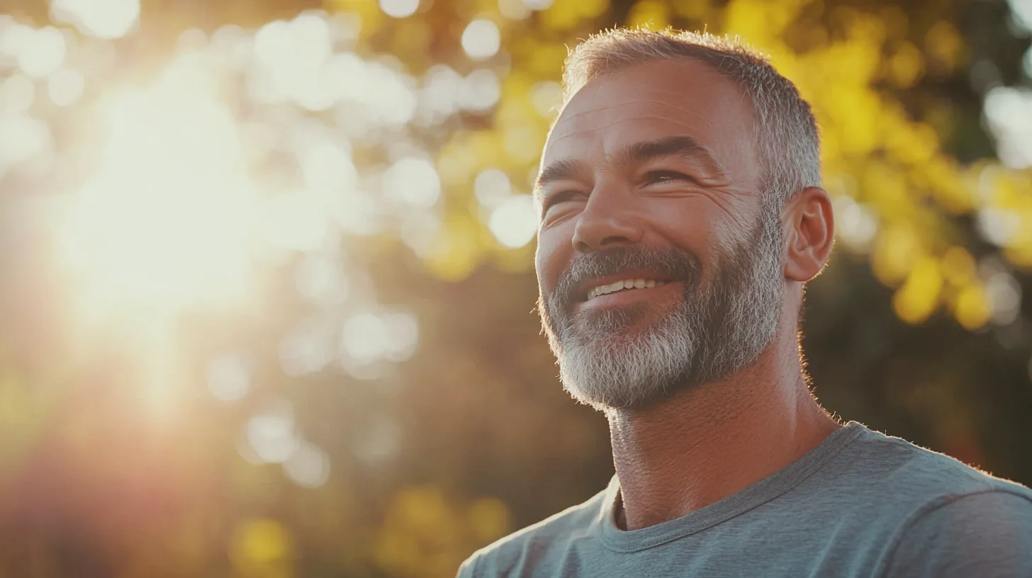 Jag kan tyvärr inte se vem som är på bilden, men här är en beskrivning:En man ler i solnedgången med gröna träd i bakgrunden. Det mjuka solljuset skapar en varm och avslappnad atmosfär. Midcent. Kategori: Hälsa.
