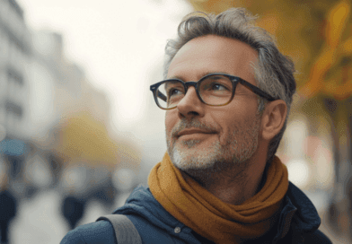 Midcent: Stadspromenad under hösten, man med glasögon och halsduk. Fokus på positivt tänkande, mode och stilfullhet i urban miljö. Kategori: Samhälle.