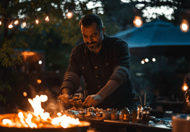 Midcent: En man vid en utomhusgrill lagar mat under kvällsbelysning, omgiven av natur och ljusslingor, vilket skapar en varm och inbjudande atmosfär för socialt umgänge och njutning. Kategori: Mat.