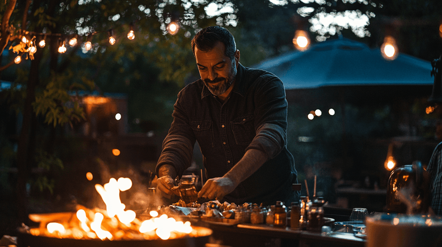 Midcent: En man vid en utomhusgrill lagar mat under kvällsbelysning, omgiven av natur och ljusslingor, vilket skapar en varm och inbjudande atmosfär för socialt umgänge och njutning. Kategori: Mat.
