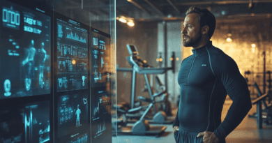 Midcent: En man studerar avancerad träningsdata på en digital skärm i ett modernt gym, vilket visar teknikens roll inom personlig hälsa och fitness. Kategori: Hälsa.