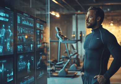Midcent: En man studerar avancerad träningsdata på en digital skärm i ett modernt gym, vilket visar teknikens roll inom personlig hälsa och fitness. Kategori: Hälsa.