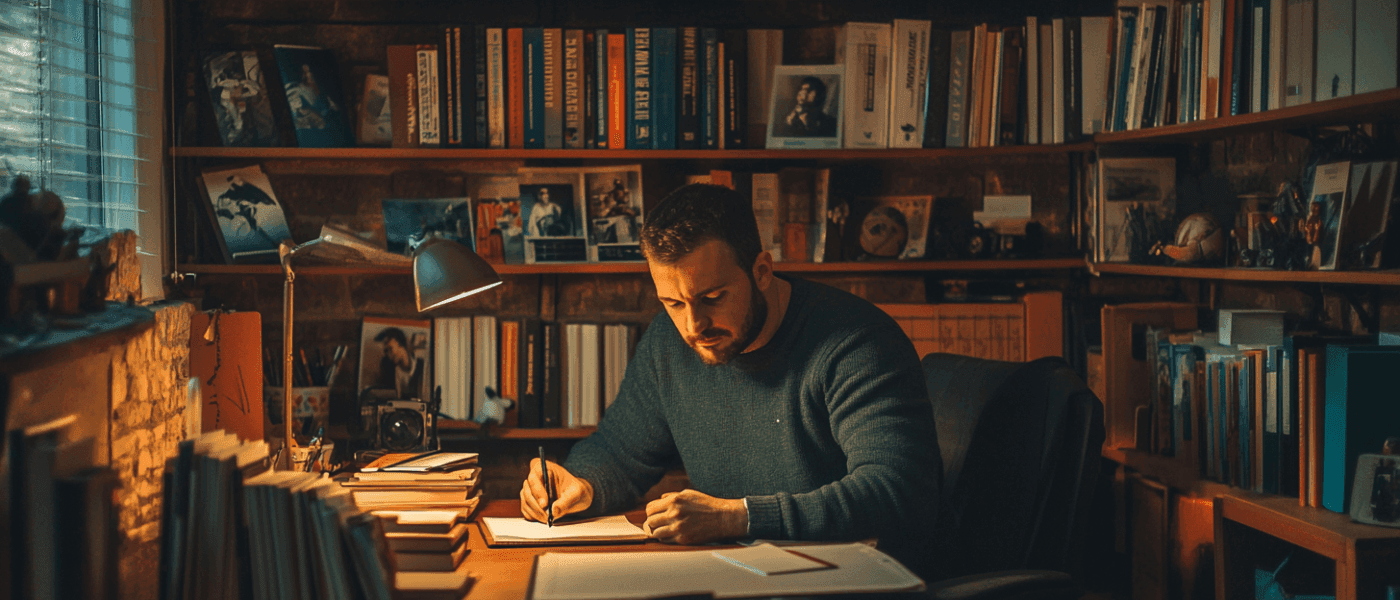 I bilden från Midcent ser vi en man som fokuserat skriver i sitt hemmakontor, omgiven av böcker och skivor. Den mysiga belysningen bidrar till en lugn och inspirerande arbetsmiljö. Kategori: Underhållning.