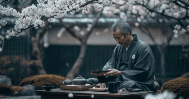 Midcent: En man i traditionell kimono deltar i en teceremoni under blommande körsbärsträd i en lugn japansk trädgård, vilket förmedlar en känsla av kultur och harmoni. Kategori: Resa.