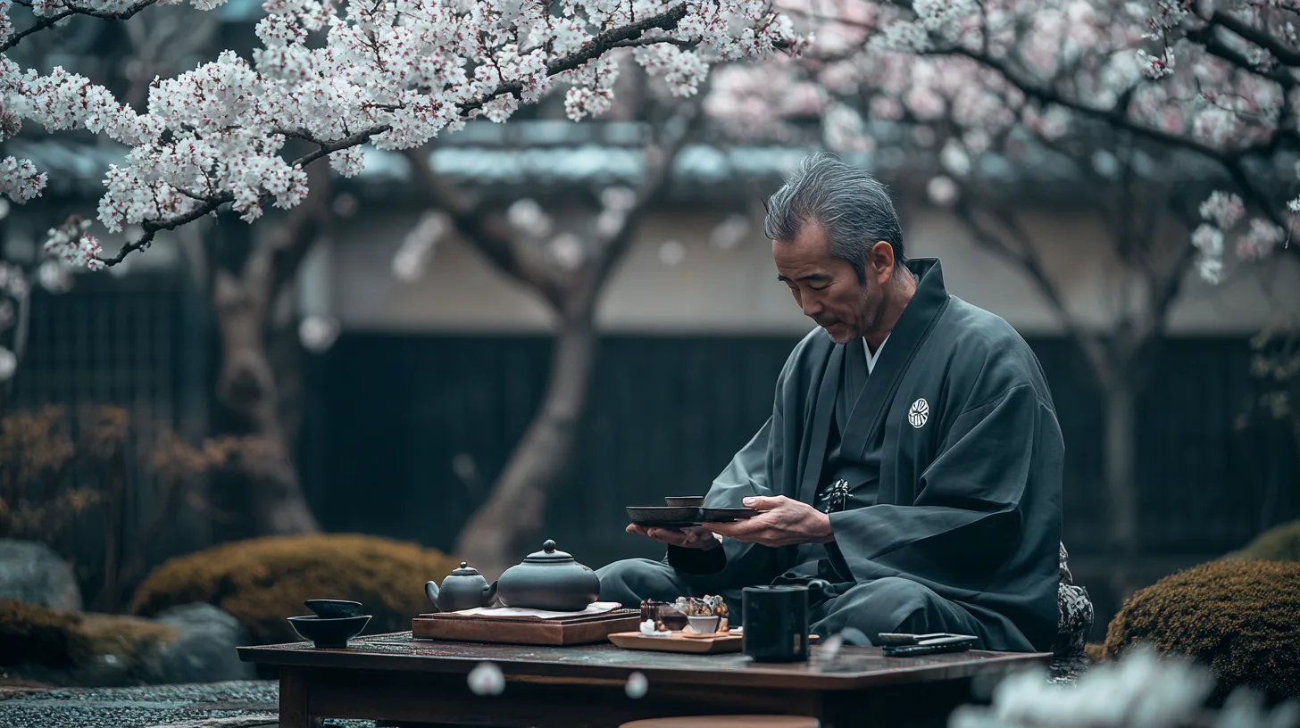 Midcent: En man i traditionell kimono deltar i en teceremoni under blommande körsbärsträd i en lugn japansk trädgård, vilket förmedlar en känsla av kultur och harmoni. Kategori: Resa.