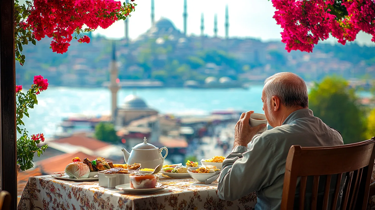 Midcent: En äldre man njuter av en frukost med pittoresk utsikt över en moské och vacker blomsterprakt i Turkiet. Perfekt för den som söker inspiration för resor och kulturupplevelser. Kategori: Resa.